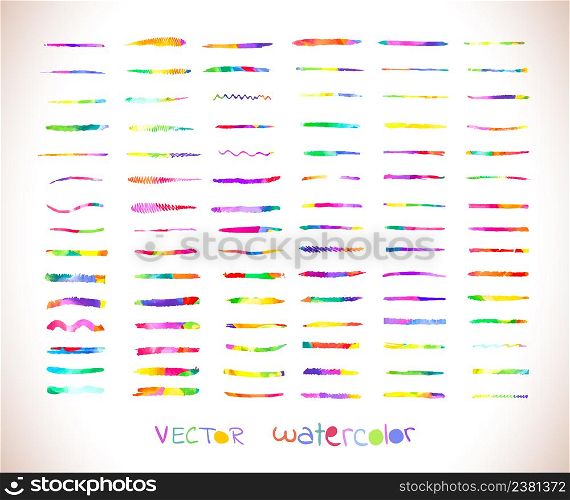 Large set of colorful watercolor brush strokes. Watercolor rainbow brushes design template