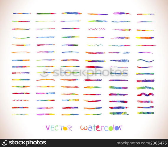 Large set of colorful watercolor brush strokes. Watercolor rainbow brushes design template