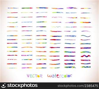 Large set of colorful watercolor brush strokes. Watercolor rainbow brushes design template
