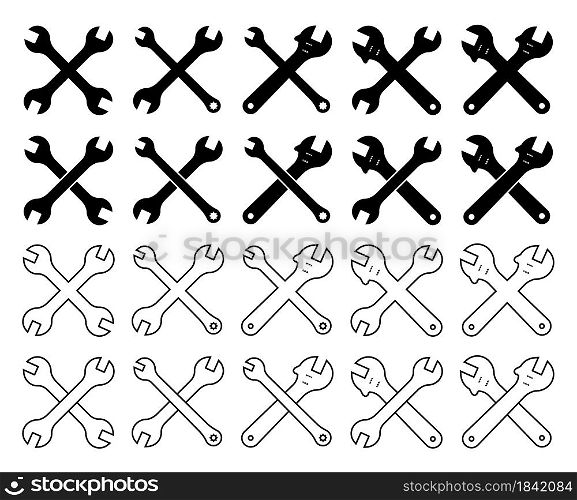 large set of crossed wrench icons for repair of various shapes. Vector on a white background