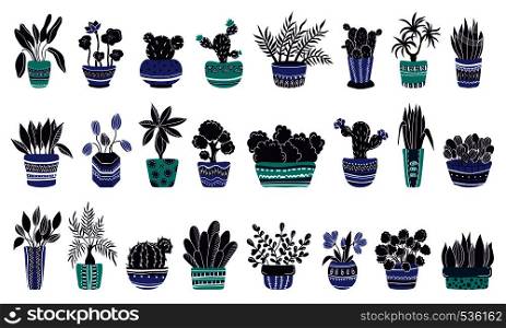 Large set of home plants or flowers in pots, home garden or greenhouse, collection of isolated elements on white. Flat style, Scandinavian. Vector illustration. Vector HousePlants Set