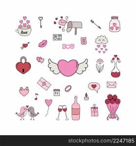Large set of icons for Valentine’s day. Cute Valentine’s day stickers drawn in Doodle style. Vector illustration for February 14.