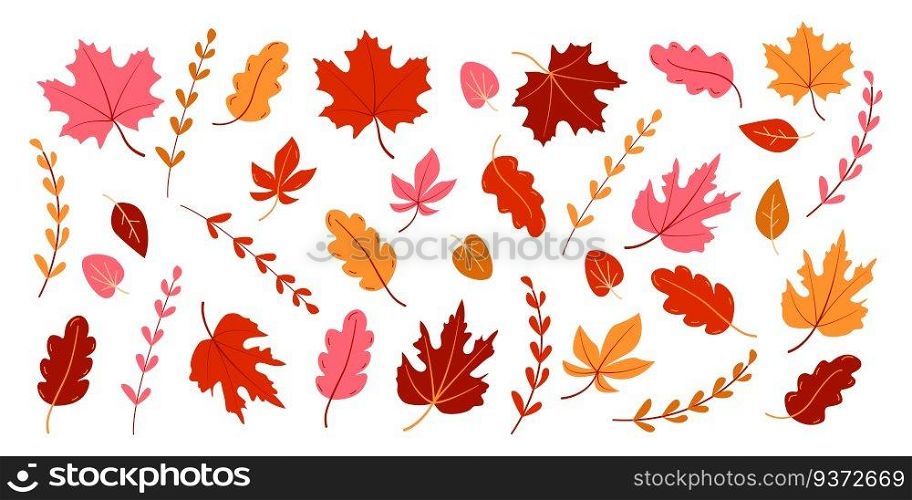 Large set of leaves and branches in autumn colors. Pink, brown and yellow. Vector illustration. Large set of leaves and branches in autumn colors. Pink, brown and yellow