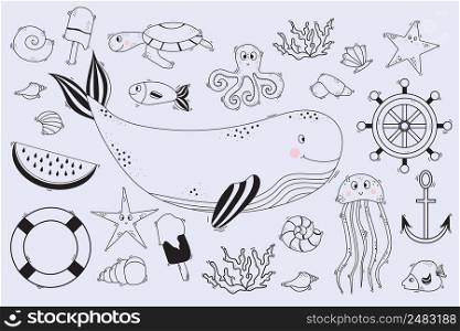 Large set of linear marine life. Underwater inhabitants - whale and dolphin, octopus and fish, starfish and jellyfish, turtle, shells and corals. Vector. Line, outline. Isolated hand drawings on white