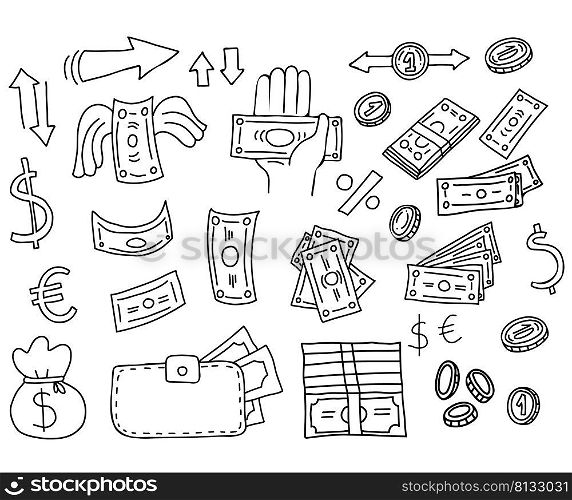 large set of money drawings. Banknotes and bills, money and coins, cash, money bag and wallet in linear hand doodle style. Vector illustration. Isolated outline elements for design and decoration