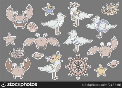 Large set of seabirds and animals stickers. Cute characters - crabs and starfish, seagulls - boys and a girl. Underwater corals and seashells. Vector. Isolated color drawings
