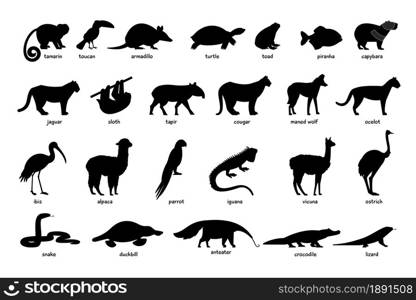 Large set of South America animals silhouettes
