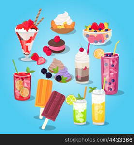Large set of sweets food design flat. Pastries with berries and cream, cake and ice cream on a stick in a cup of glass. Collection cooling fruit drinks with ice cubes. Vector illustration