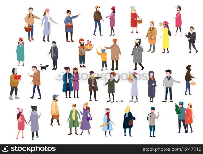 Large set of tiny people, characters, dressed in winter clothes or outerwear, walks. Large set of tiny people, characters, dressed in winter clothes or outerwear, walks and performs outdoor activities. Greet each other, make purchases, talk. Bustle and scurry in the streets before Christmas or New Year. Trend flat cartoon style, vector illustration, isolated