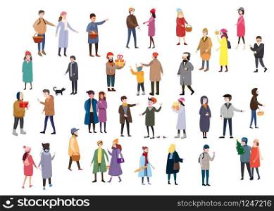Large set of tiny people, characters, dressed in winter clothes or outerwear, walks. Large set of tiny people, characters, dressed in winter clothes or outerwear, walks and performs outdoor activities. Greet each other, make purchases, talk. Bustle and scurry in the streets before Christmas or New Year. Trend flat cartoon style, vector illustration, isolated