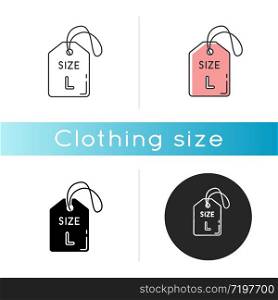 Large size label icon. Linear black and RGB color styles. Clothing parameters specification. Informational tag with L letter for big size apparel description. Isolated vector illustrations