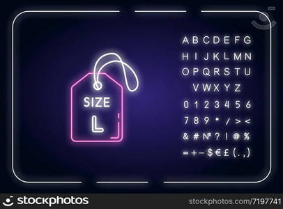 Large size label neon light icon. Outer glowing effect. Clothing parameters specification sign with alphabet, numbers and symbols. Tag with L letter. Vector isolated RGB color illustration