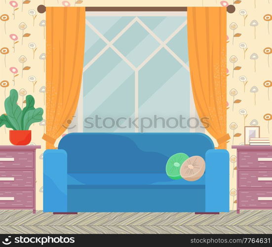Large soft blue sofa in interior of living room. Arrangement of furniture and layout of apartment design. Couch, bedside tables, window with curtains. Living room decoration with interior elements. Large soft blue sofa in interior of living room. Arrangement of furniture and layout of apartment