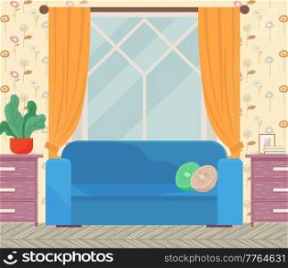 Large soft blue sofa in interior of living room. Arrangement of furniture and layout of apartment design. Couch, bedside tables, window with curtains. Living room decoration with interior elements. Large soft blue sofa in interior of living room. Arrangement of furniture and layout of apartment