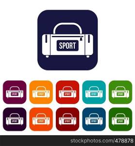Large sports bag icons set vector illustration in flat style in colors red, blue, green, and other. Large sports bag icons set
