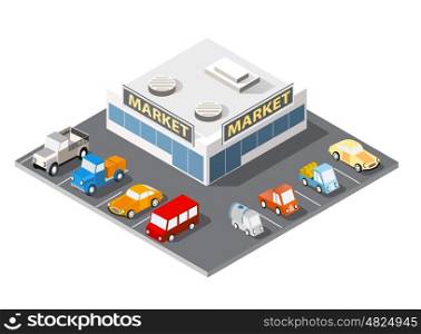 Large supermarket shopping 3d commercial center with shops and offices with parking a big city car. Large supermarket shopping