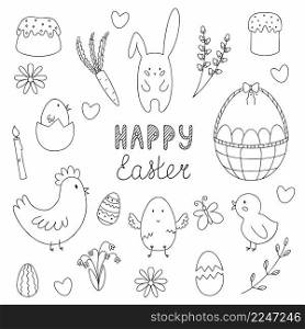 Large vector set for Easter and Christmas. Contour Doodle coloring book for kids. Lettering by the hand of happy Easter