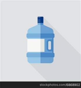 Large water bottle with long shadow. Flat icon of plastic transparent bottle.