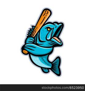 Largemouth Bass Baseball Mascot. Mascot icon illustration of a largemouth bass, bucketmouth or bigmouth bass with baseball bat batting viewed from side on isolated background in retro style.. Largemouth Bass Baseball Mascot