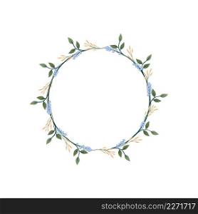 Larkspur and P&as grass flower wreath. Green decorative ivy. Spring floral vintage round frames. Creeper plant flat vector illustration