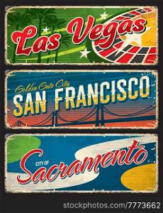Las Vegas, San Francisco and Sacramento american cities plates and travel stickers. USA journey vintage plates, United States of America city vector tin sign with casino roulette, Golden Gate Bridge. Las Vegas, San Francisco and Sacramento tin signs