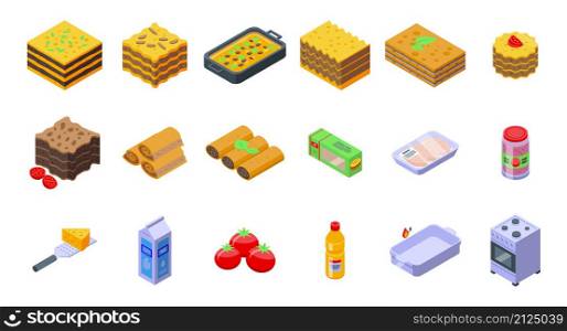 Lasagna icons set isometric vector. Cannelloni cuisine. Italy culinary. Lasagna icons set isometric vector. Cannelloni cuisine