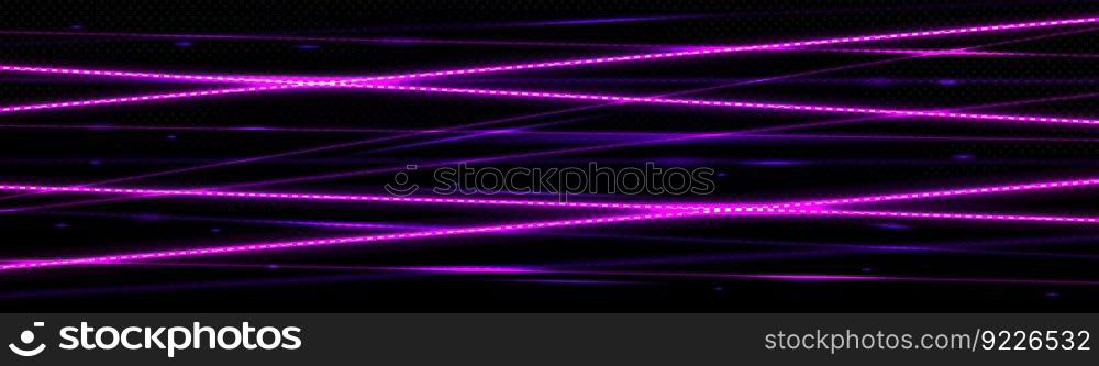 Laser beams, neon light lines. Abstract effect of shiny rays, scanner flares, futuristic safety grid isolated on dark transparent background, vector realistic illustration. Laser beams, neon light lines effect