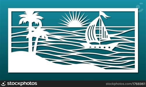 Laser cnc cut decorative panel. Sea landscape with palm island, sea waves, sail boat and sun over ocean. Wall hanging panel, decorative paper art, room screen, card background. Vector illustration