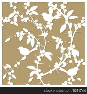 Laser cut decorative pattern with blackthorn berries and birds. A picture suitable for printing, engraving, laser cutting paper, wood, metal, stencil manufacturing. Vector illustration. Vector pattern for laser cut with blackthorn berries and birds. Suitable for engraving, cutting wood, metal, plastic