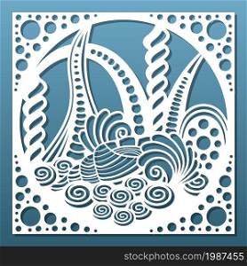 Laser cut panel, CNC cutting stencil. Underwater sea world with seashells, reefs and weeds. Paper art, wall hanging, tile, room privacy screen for home interior design. Vector illustration