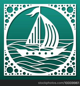 Laser cut panel or decorative tile, cnc cutting stencil. Sea waves and sail boat silhouette for wall art, home interior design, paper art. Vector illustration