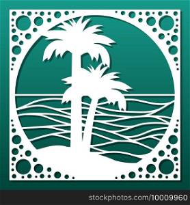 Laser cut panel or decorative tile, cnc cutting stencil. Palms and sea waves. Wall art, home interior design, room screen, paper art. Vector illustration