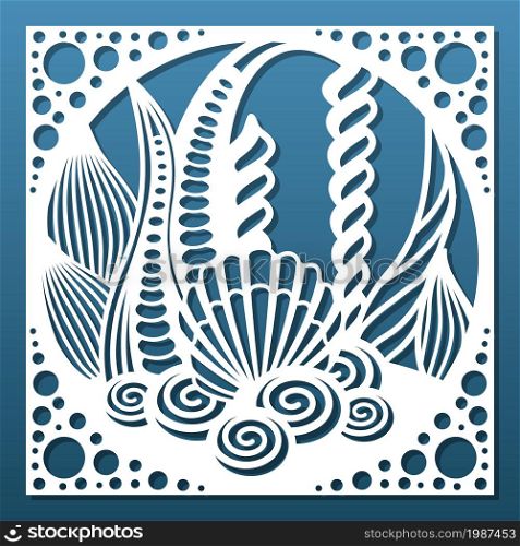 Laser cut panel with sea nautical underwater design. Cnc cutting stencil; paper art; wall hanging; home interior decor; room privacy screen. Seashells, coral reefs, weeds. Vector illustration