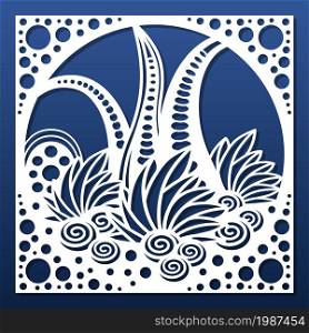Laser cut panel with sea nautical underwater design. Cnc cutting stencil; paper art; wall hanging; home interior decor; room privacy screen. Seashells, coral reefs, weeds. Vector illustration