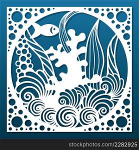 Laser cut panel with undersea world design. CNC cutting stencil for wall art, coaster, privacy screen decor. Underwater ocean, sea weed, coral reef, seashells. Vector illustration
