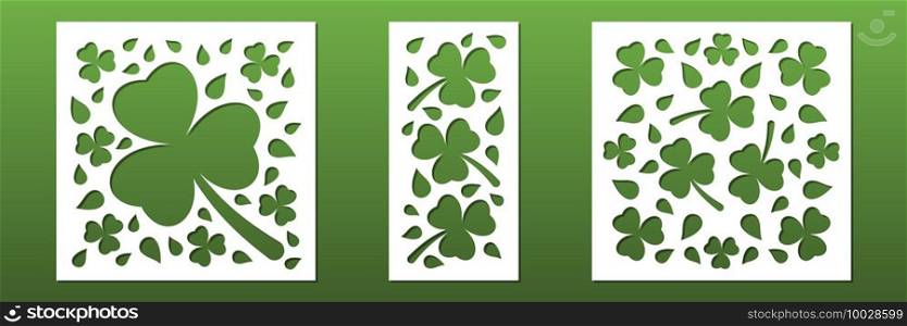 Laser cut panels. Floral pattern with clovers and IIrish shamrocks for CNC cutting.  Card background design, interioe decorative screens, wall art, coasters, papercut. Vectior illustration