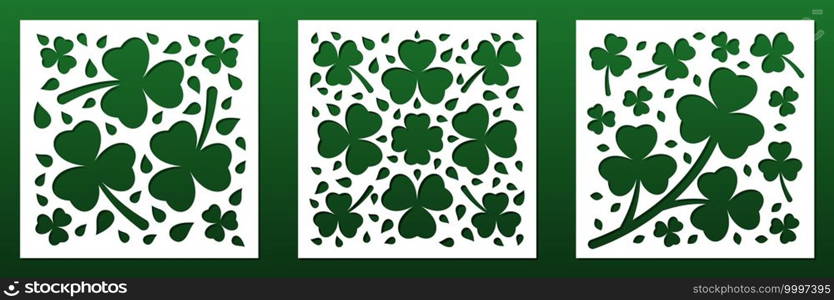 Laser cut panels. Floral pattern with clovers and IIrish shamrocks for CNC cutting.  Card background design, interioe decorative screens, wall art, coasters, paper art. Vectior illustration