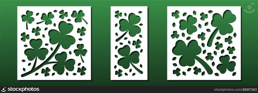 Laser cut panels, floral pattern with traditional clovers and shamrocks. Cnc cut stencil for wall  art, home decor, coasters, card background, paper art, diy craft. Vector illustration