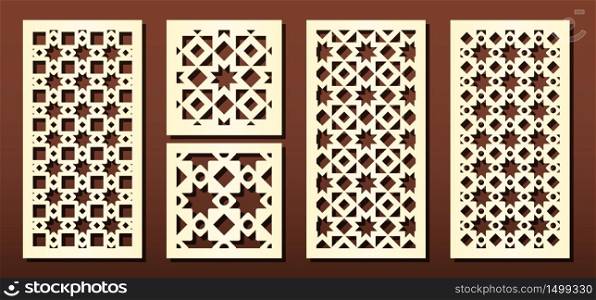 Laser cut panels vector set. Metal cutting or wood carving, fretwork stencil, paper art. Abstract geometric pattern, arabic style. For interior design or card decoration