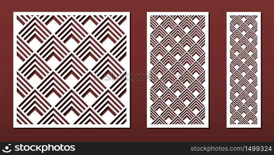 Laser cut panels with abstract geometric pattern in japanese style, vector set. Template or stencil for metal cutting, wood carving, fretwork, paper art. Useful in interior design, card decoration.