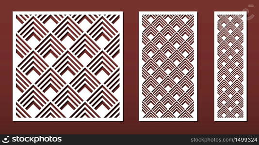 Laser cut panels with abstract geometric pattern in japanese style, vector set. Template or stencil for metal cutting, wood carving, fretwork, paper art. Useful in interior design, card decoration.
