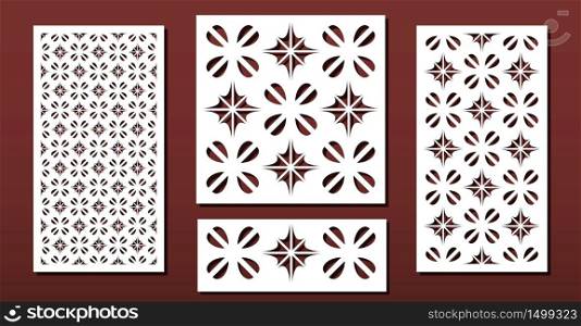 Laser cut panels with abstract geometric pattern, vector set. Template or stencil for metal cutting, wood carving, fretwork, paper art. Useful in interior design, card decoration.