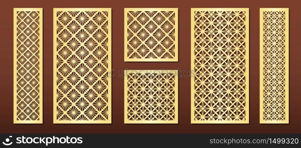Laser cut panels with geometric pattern in arabic islamic design style, vector set. Template or stencil for metal cutting, wood carving, fretwork, paper art. Useful in interior design, card decoration.