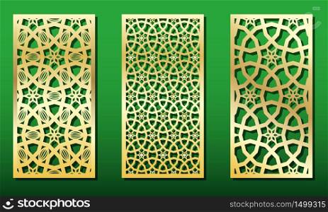 Laser cut panels with islamic geometric ornament. Set of templates for wood or metal decoration, laser cut-out, fretwork or engraving. Arabic traditional patterns, vector illustration