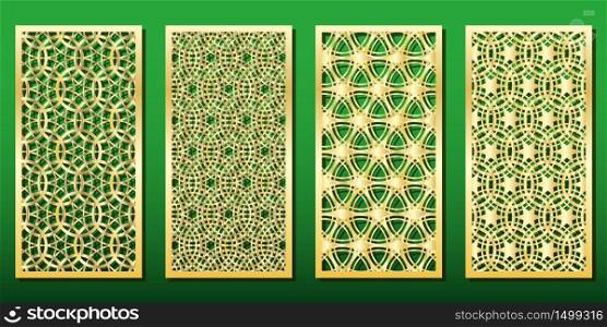 Laser cut panels with islamic geometric ornament. Set of templates for wood or metal decoration, laser cut-out, fretwork or engraving. Arabic traditional patterns, vector illustration