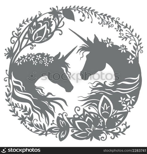 Laser cut paper lace frame two unicorns silhouette, vector illustration. Abstract vintage background. Element for invitation, greeting card. Prints design for t-shirts, cricut, papercut, decor. Papercut and cricut unicorn template vector illustration 5
