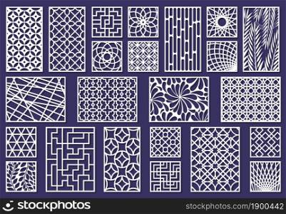 Laser cut template patterns, paper art or metal cutting panels. Abstract texture decorative laser cut panels vector illustration set. Cutting engraving panels pattern metal decorative. Laser cut template patterns, paper art or metal cutting panels. Abstract texture decorative laser cut panels vector illustration set. Cutting engraving panels