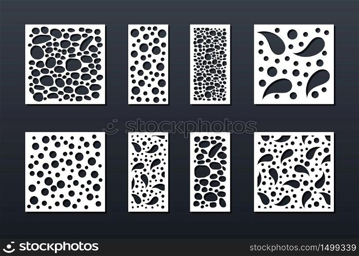 Laser cut templates for panel decor or card background with abstract geometric pattern. Cutting and paper art, cnc stencil. Vector illustration, set of square and rectangular panels.
