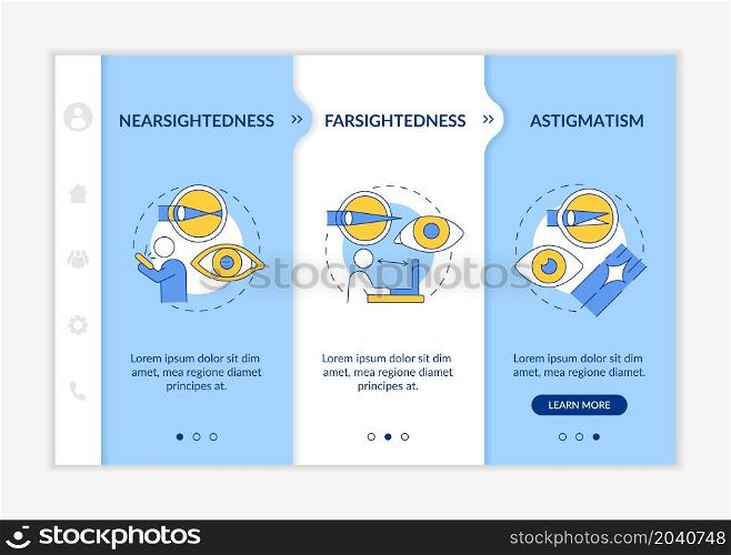 Laser eye operation onboarding vector template. Eye disease treatment. Responsive mobile website with icons. Web page walkthrough 3 step screens. Blue color concept with linear illustration. Laser eye operation onboarding vector template