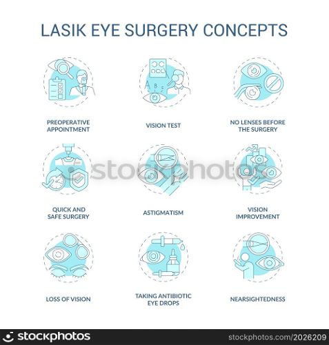 Laser eye surgery blue concepts concept icons set. Better eyesight. Ophthalmologist vision treatment idea thin line color illustrations. Vector isolated outline drawings. Editable stroke. Laser eye surgery blue concepts concept icons set